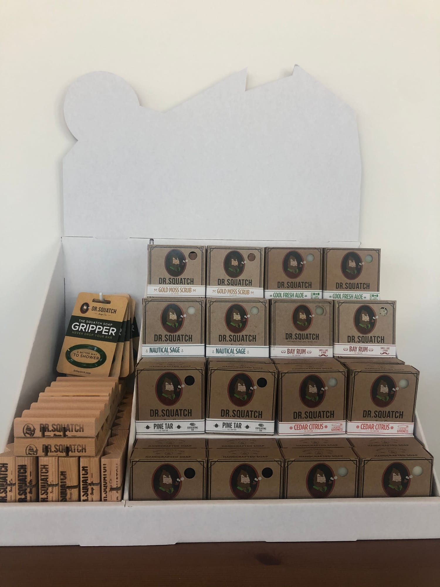 Dr. Squatch counter display of bar soaps