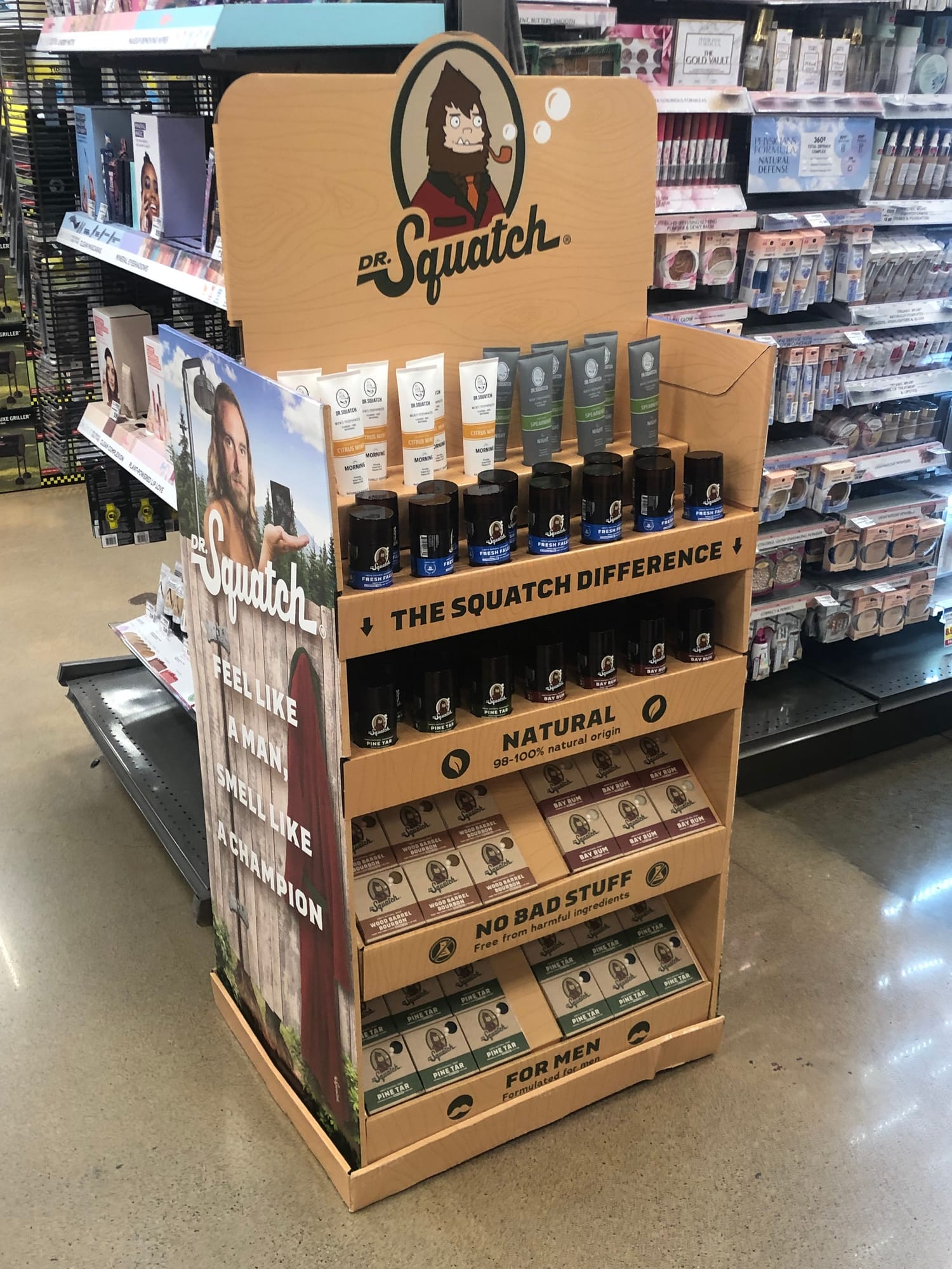 Dr. Squatch floor display in a store aisle