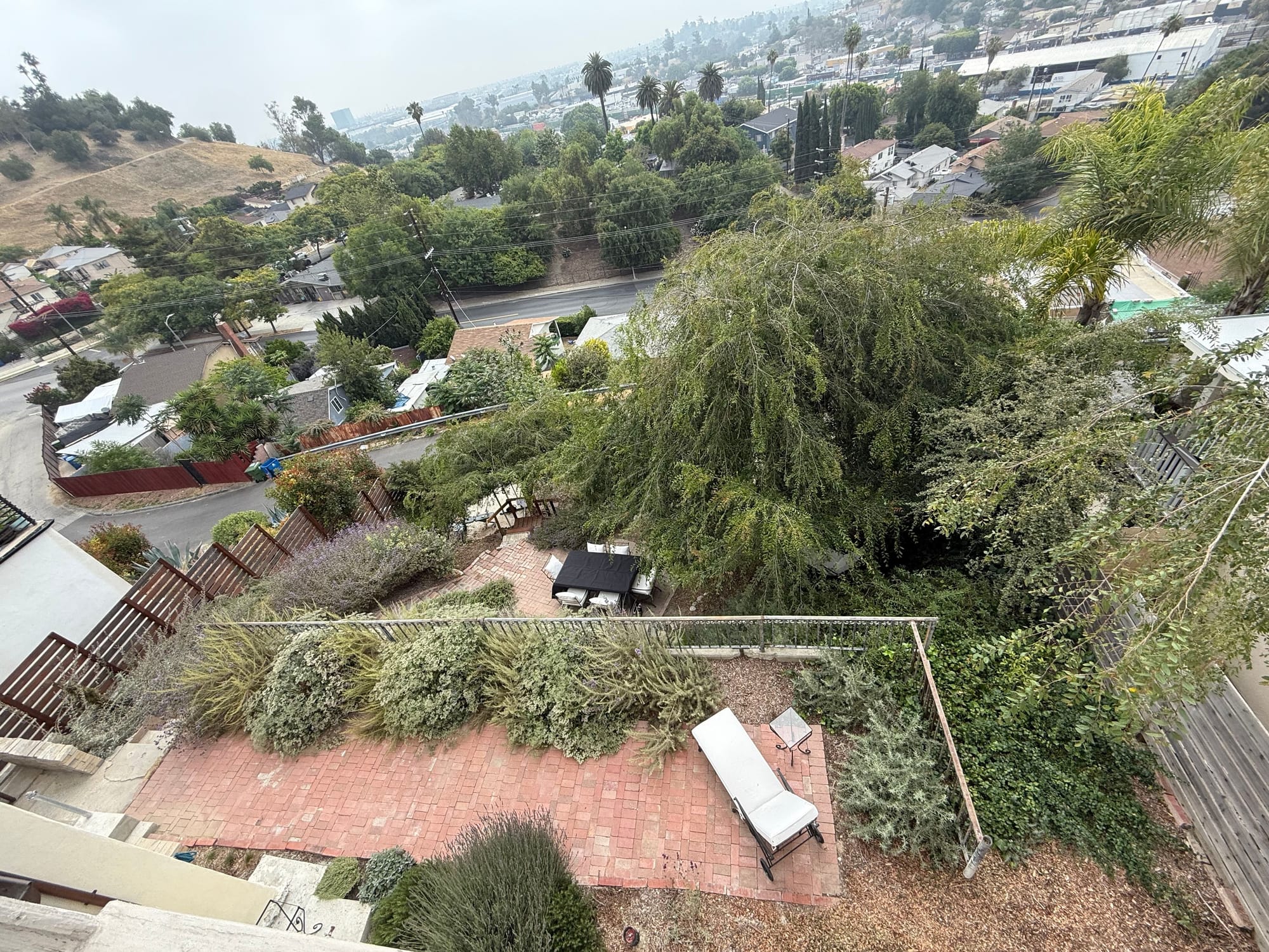 The landscaped yard and patio from above